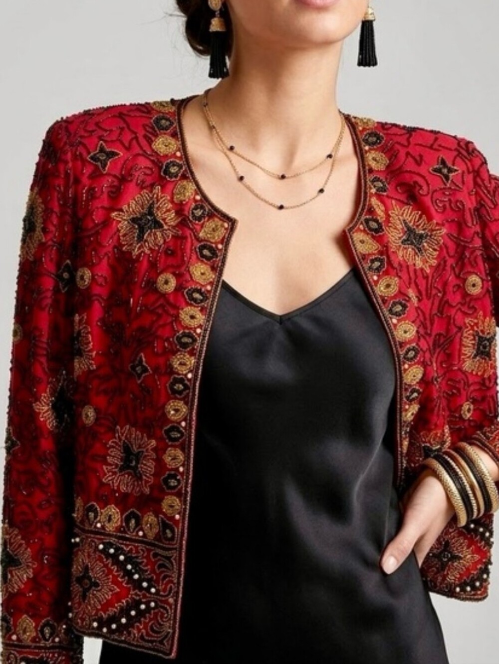Vintage Adrianna Papell Beaded Silk Evening Jacket Red Black Gold Medium Large